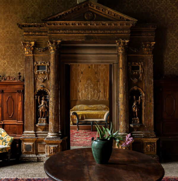 Antonio Monfreda, nobody, interior, indoors, historic building, room, bedroom, ante-room, colour, gold, gilded, plaster, moulding, wall, wall covering, wallpaper, wood wall covering, seating, armchair, upholstered, pattern, floral, table, round table, musical instrument, piano, floor, stone floor, terrazzo, stone, lighting, decoration, pediment, extravagant, classical, grand, opulent, palatial, theatrical, imposing, dramatic,