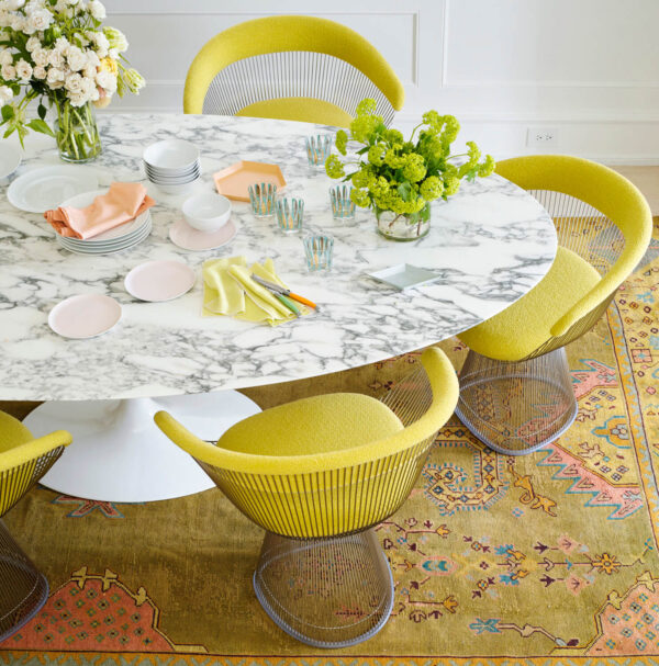 Annie Schlechter, nobody, interior, indoors, Summer Thornton, modern, contemporary, dining room, detail, colour, white, yellow and white, wall covering, panelling, seating, chair, dining chair, table, dining table, round table, metal, objects, glassware, tableware, retro, vintage, glamour, vibrant,