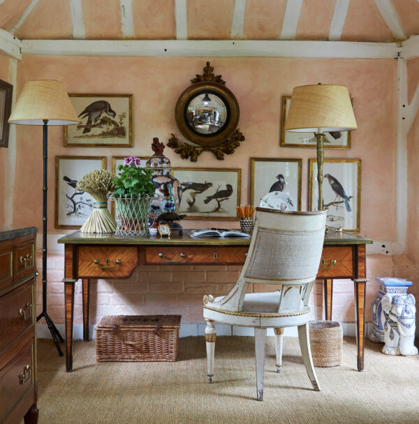 Boz Gagovski, Paolo Moschino, Philip Vergeylen, nobody, interior, indoors, traditional, country house, study, home office, colour, pink, ceiling, beamed ceiling, wall, beam, desk, writing desk, seating, chair, antique furniture, 19th century, lighting, lamp, table lamp, floor lamp, standard lamp, objects, mirror, artwork, antiques, country house style, converted barn, conversion,
