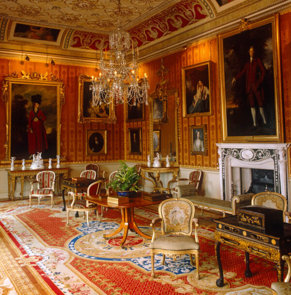 chair, historic building, lighting, armchair, salon, portrait painting, Christopher Simon Sykes, painting, indoors, interior, drawing room, plasterwork, ceiling light, ceiling, artwork, nobody, gilt-framed painting, Joshua Reynolds, chandelier, 18th century, family, luxurious, opulent, ornate, patterned, red, the past, English,